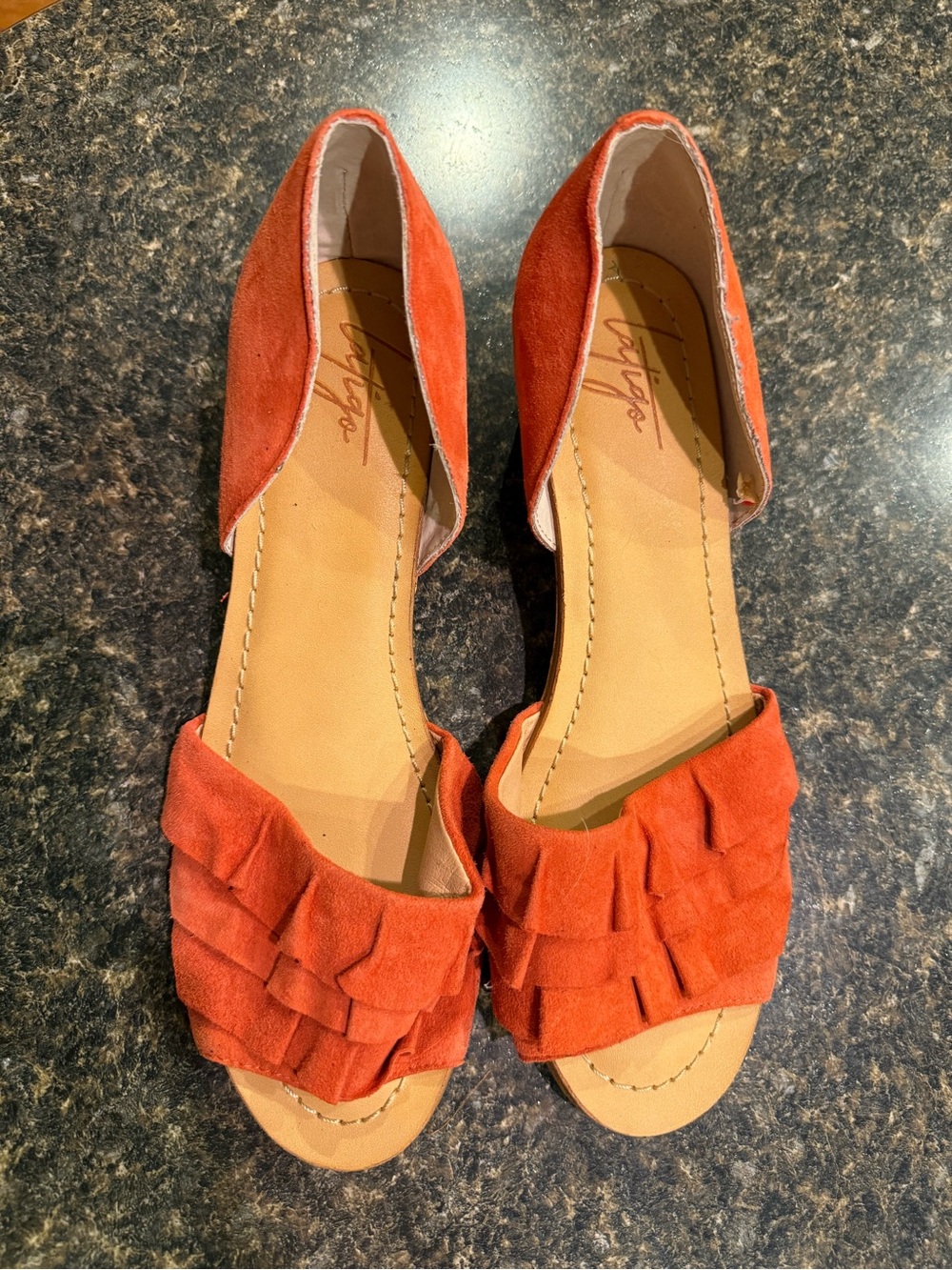 Latigo Orange Suede Open-Toe Flats with Ruffle Fringe